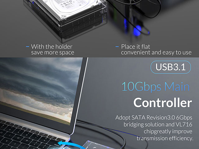 ORICO Transparent Type-C 3.5 SATA HDD Enclosure with Stand (Dual-Cable Version)