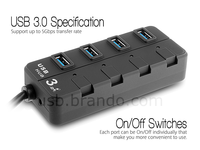 USB 3.0 4-Port Hub with On/Off Switches