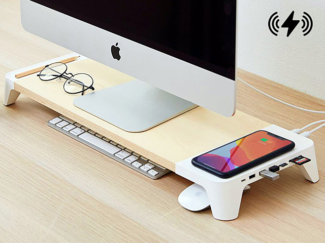 POUT EYES8 Wooden Desk Monitor All-in-One Charging Hub Station with 15W Wireless Charging