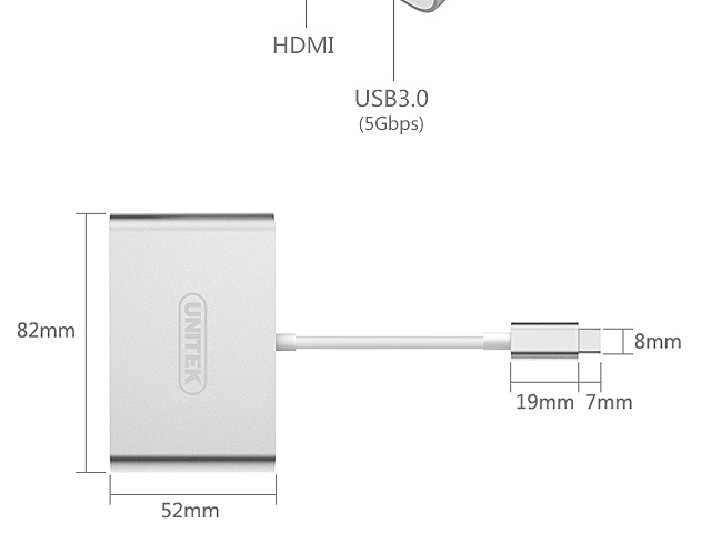 UNITEK Y-9103 USB-C Aluminium Multiport Hub with Power Delivery (1-Port USB3.0 + 2-Port USB2.0 + HDMI)