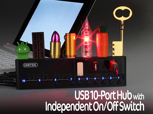 USB 10-Port Hub with Independent On/Off Switch