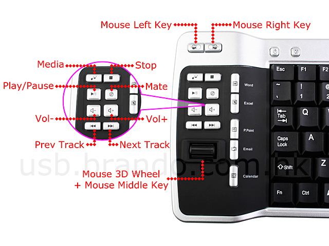 USB 2.4Ghz RF Wireless Multimedia Keyboard with Tracking Ball