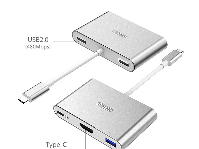 UNITEK Y-9103 USB-C Aluminium Multiport Hub with Power Delivery (1-Port USB3.0 + 2-Port USB2.0 + HDMI)